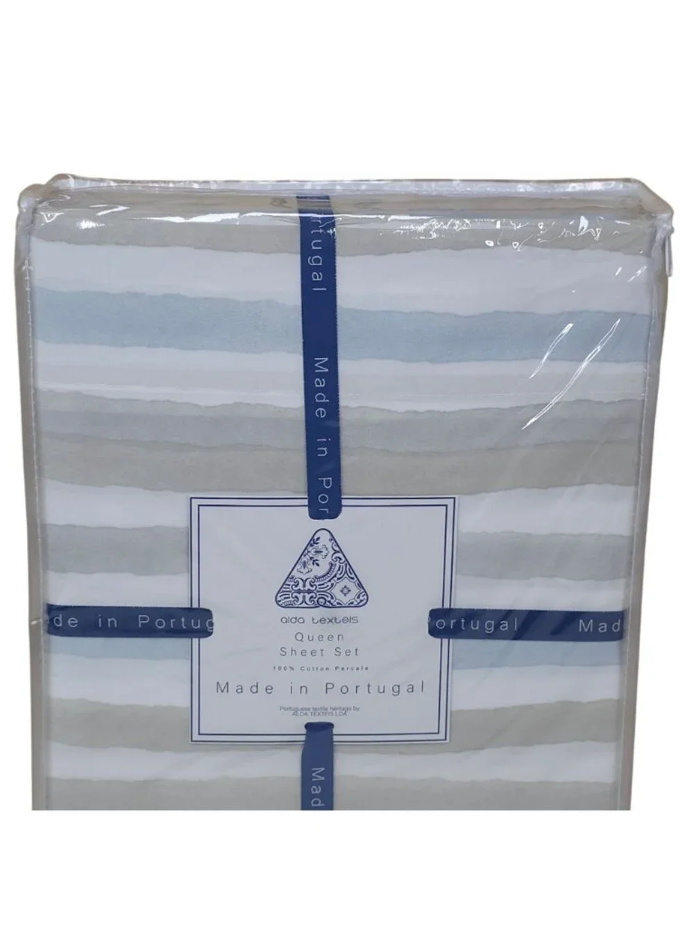 Alda Textéis Queen Sheet Set 100% Cotton Percale Striped Made In Portugal